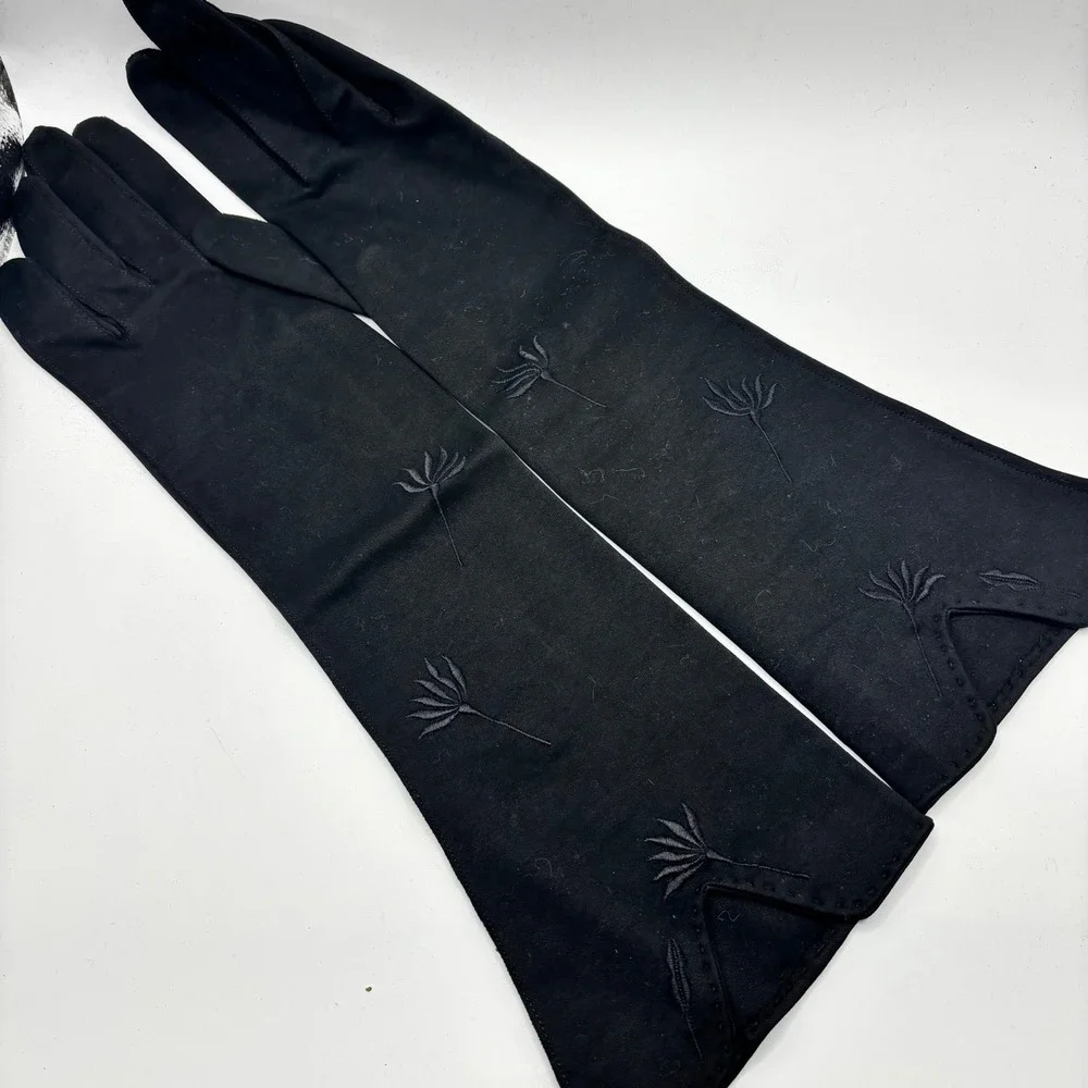 Wear-Right Vintage Black Cotton Opera Gloves Embroidered Western Germany Sz 7.5